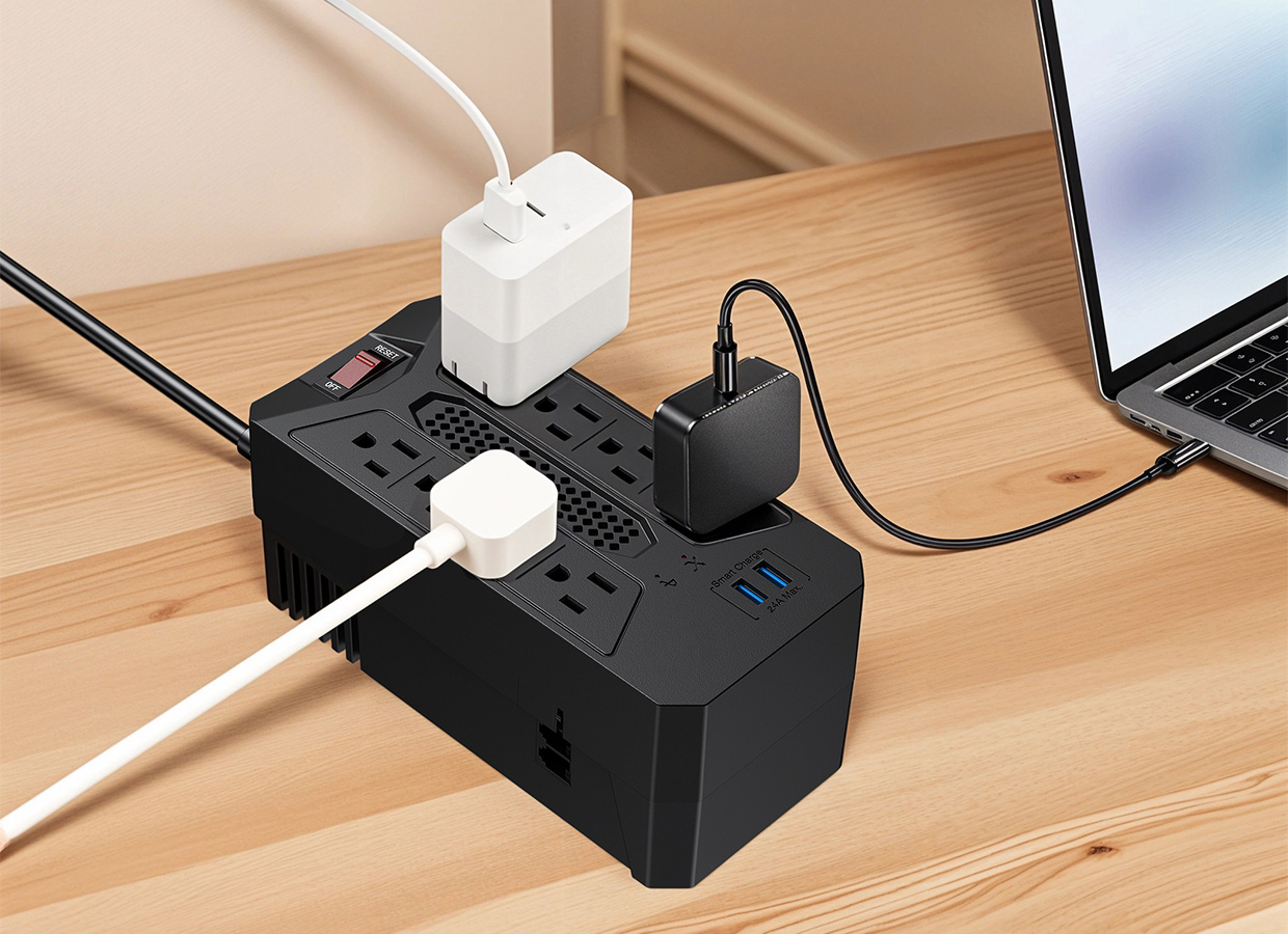 Regulador de voltaje de alta calidad de 8 tomas con dos puertos USB V2206